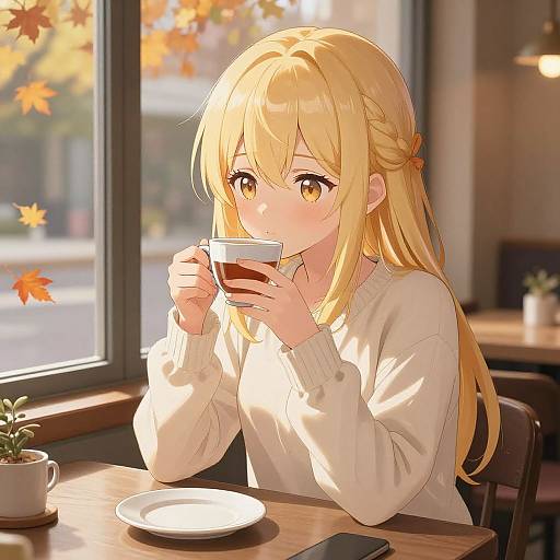 Anime-style digital drawing of a blonde girl with yellow eyes, wearing a white sweater, sipping tea in a sunlit café.