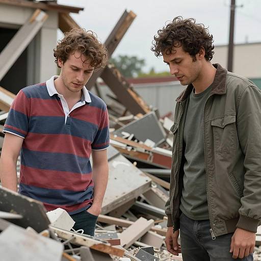 Men Examining Debris Pile Photograph