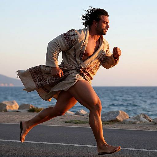 Photograph of a muscular man with long black hair, running barefoot on a coastal road at sunset, wearing an open, beige, patterned robe