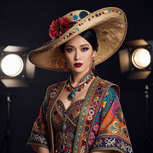 Photograph of an Asian woman in vibrant, embroidered traditional attire with a large, colorful straw hat and red flower, adorned with turquoise jewelry, against a