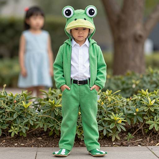 Photograph of a serious young boy in a green frog costume with frog ears, standing outdoors, blurred girl in blue dress in background.