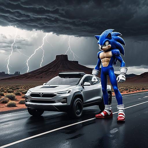 Futuristic Sonic Tesla Hybrid on Desert Highway