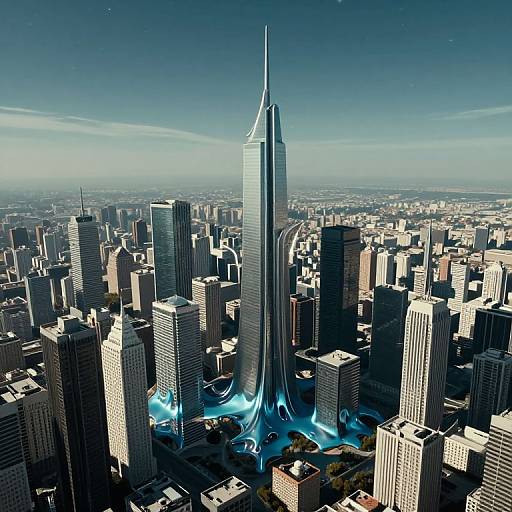 Photorealistic CGI of a futuristic cityscape with a towering, sleek, blue-lit skyscraper at its center, surrounded by densely packed, modern