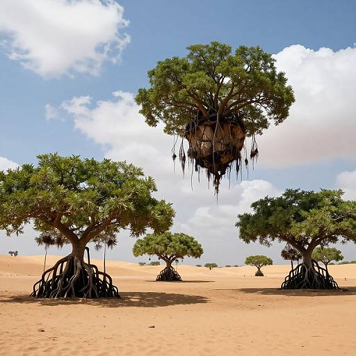 Photorealistic digital artwork of a desert landscape with large, tree-like Baobabs, one with a hanging, cave-like structure, under a bright