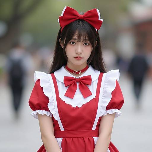 Photograph of an Asian woman in a red and white Lolita dress with a large red bow, standing outdoors, blurred background.