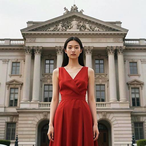 Photograph of an Asian woman with long black hair in a sleeveless red dress standing in front of an ornate, classical-style building with columns and