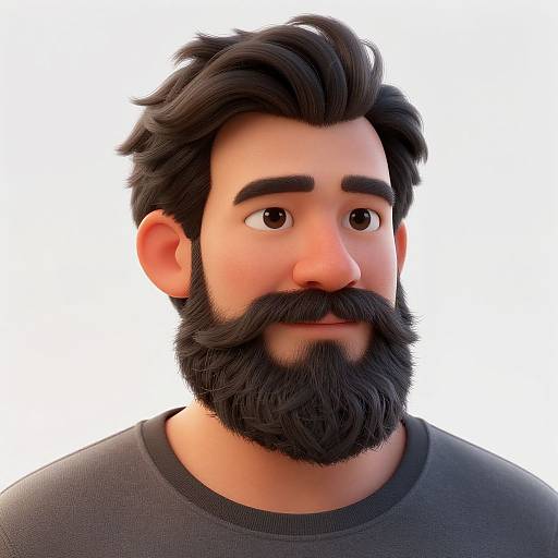 CGI portrait of a bearded man with dark, wavy hair, large brown eyes, and a neutral expression, wearing a gray shirt, against