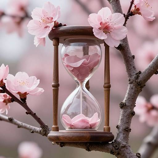 Photograph of a wooden hourglass with pink cherry blossom petals inside, hanging on a blossoming branch with soft pink flowers.