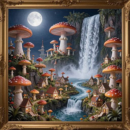 Fantastical digital painting of whimsical mushroom houses by a cascading waterfall under a full moon, framed in an ornate gold frame.