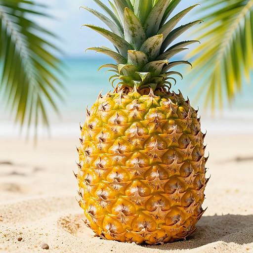 Photograph of a bright yellow, spiky pineapple with green leaves, standing on sandy beach with blurred blue ocean and palm fronds in the background.