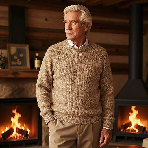 Elderly Man in Cozy Sweater by Fireplace