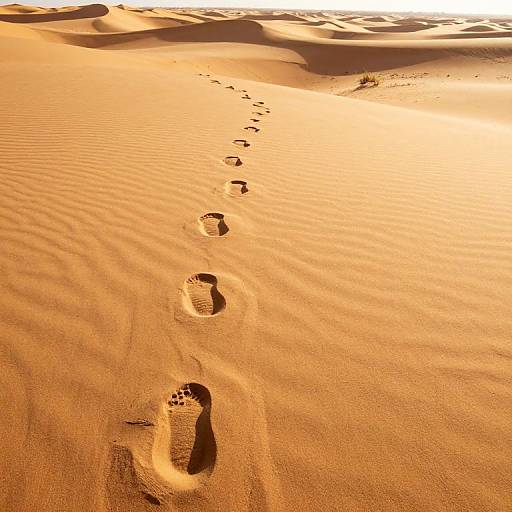 Photograph of a desert landscape with golden sand dunes, footprints in a single line leading into the sunlight, casting long shadows.