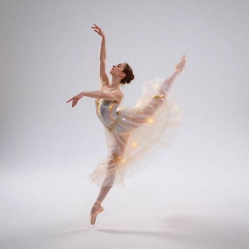 Photograph of a ballerina in a glowing, ethereal tutu, leaping gracefully with one arm raised and the other extended, set against