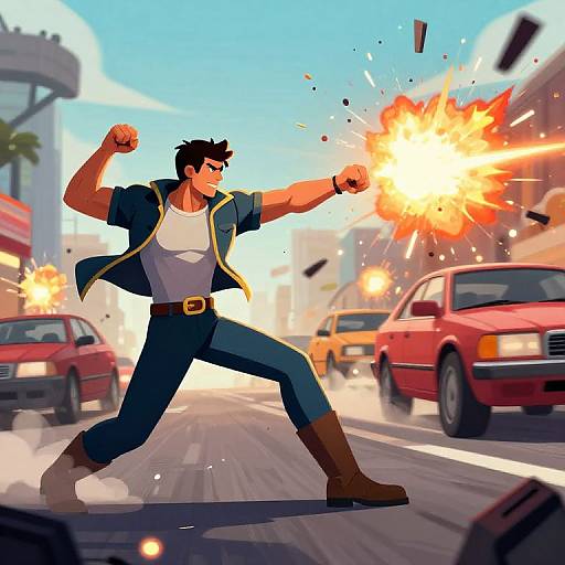 Digital cartoon of a muscular man in a blue jacket, white shirt, and brown boots, punching with fiery explosions on a city street, surrounded by red
