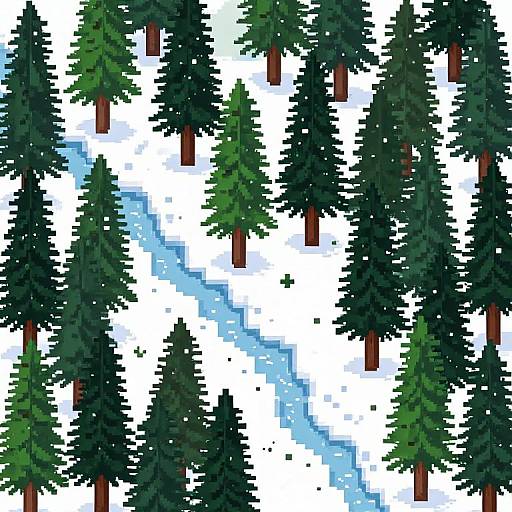 Pixel art of a snowy forest with tall, dark green pine trees and a winding blue snow-covered path in the background.