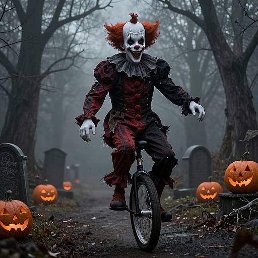 Photograph of a creepy clown in tattered red and black costume, riding a bicycle through a foggy, grave-filled graveyard with glowing jack-o'-