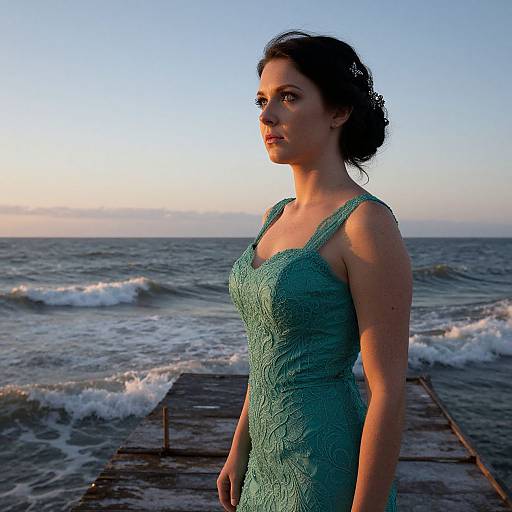 Photograph of a dark-haired woman in a teal lace dress standing on a wooden pier at sunset, waves crashing in the background.