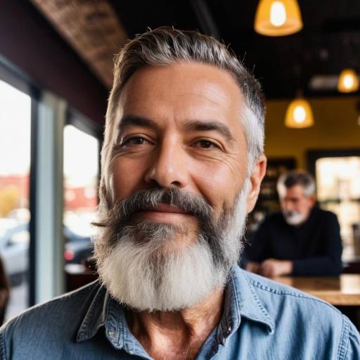 Smiling Mature Man with Beard in Cafe