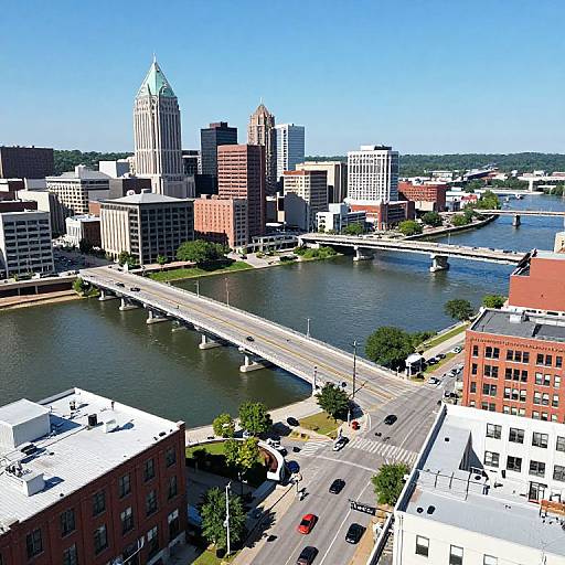 Aerial photograph of a vibrant cityscape featuring a river, bridge, and diverse skyscrapers with a prominent green-tipped tower. Bright blue sky