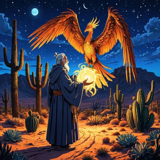 Wise Sorcerer and Phoenix in Enchanted Desert