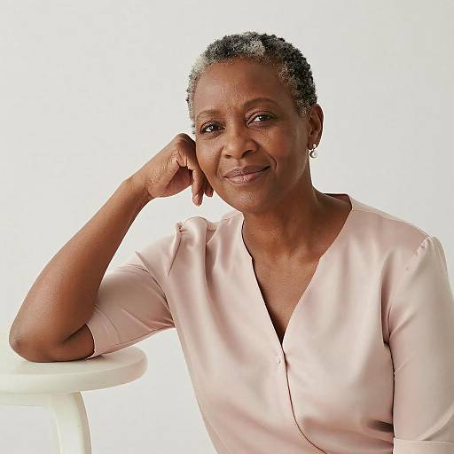 Photograph of a smiling African-American woman with short gray hair, wearing a light pink blouse, resting her head on her hand against a white background.
