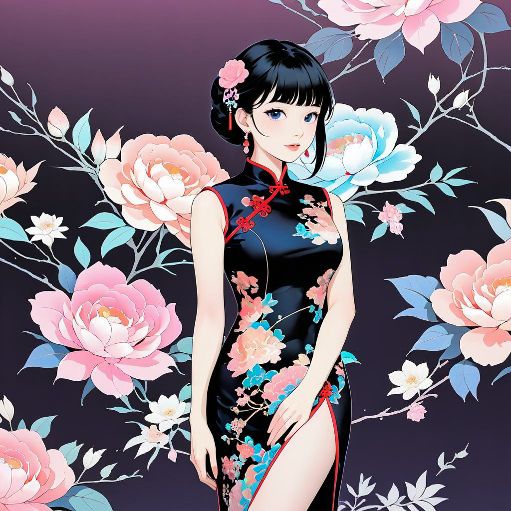 Retro Blushing Girl in Floral Cheongsam