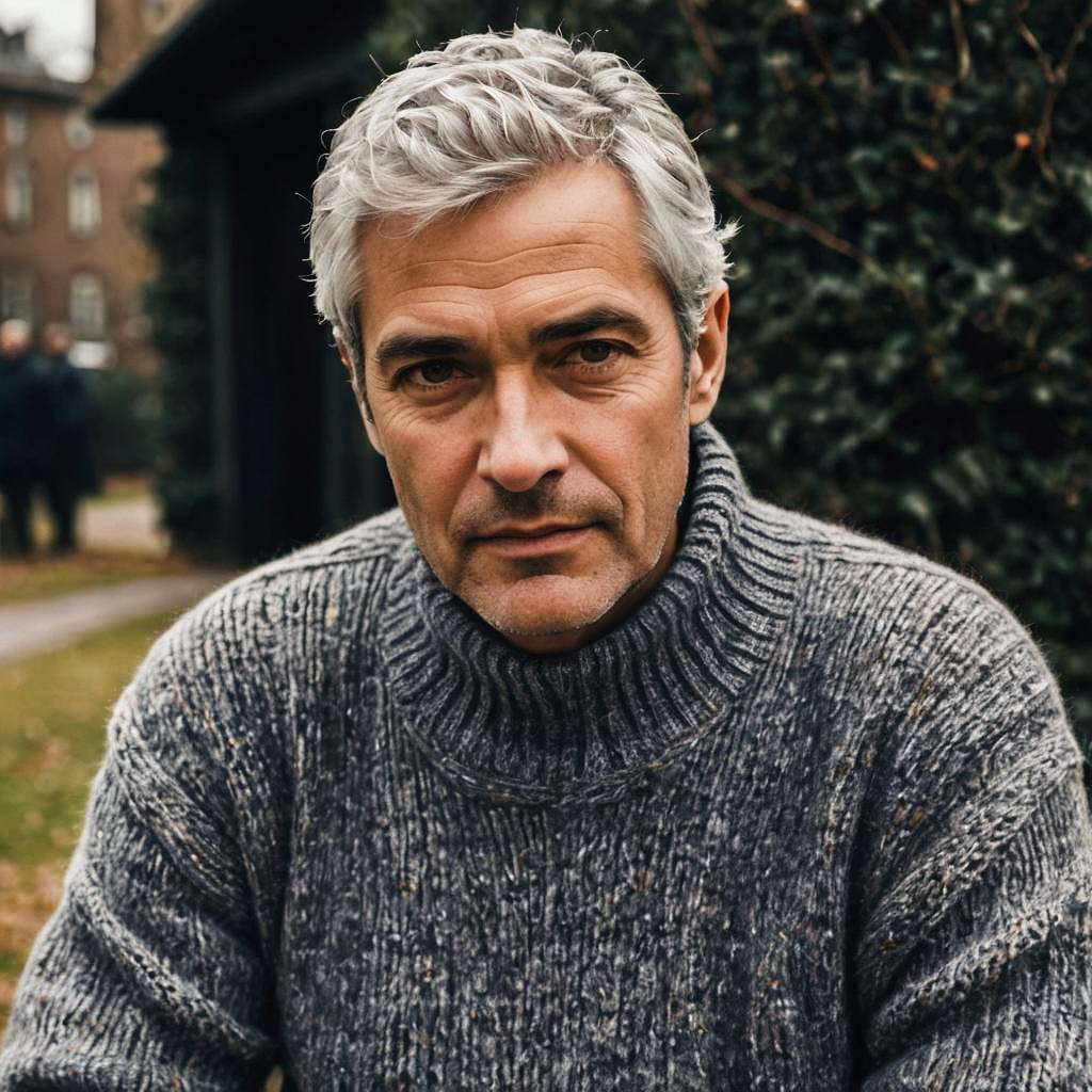 Chic Gray-Haired Man in Knit Sweater