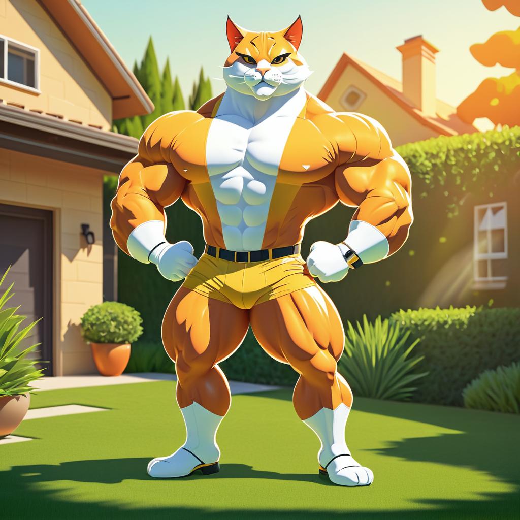 Muscular Cat in Sunny Backyard Illustration