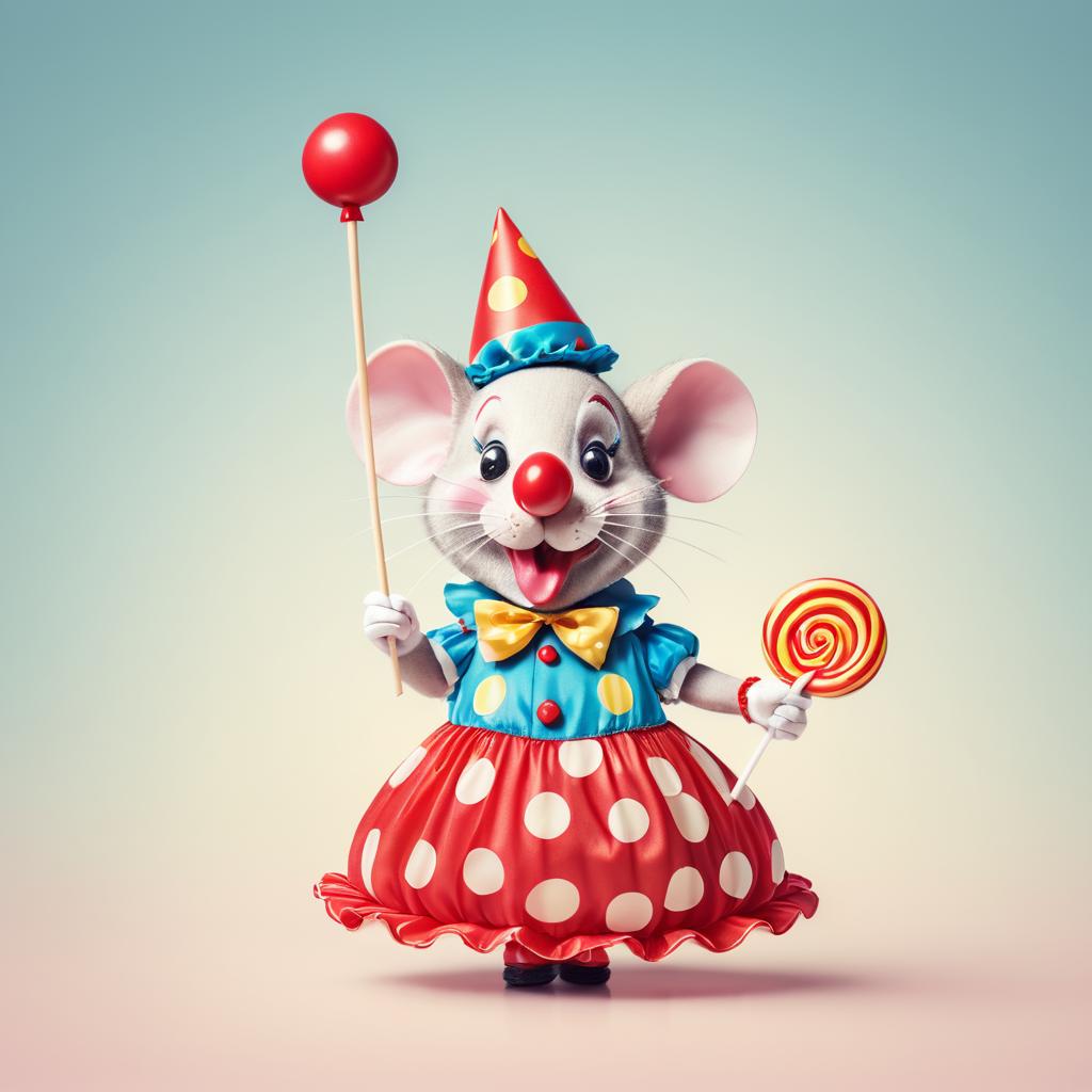 Whimsical Clown Mouse Enjoying a Lollipop