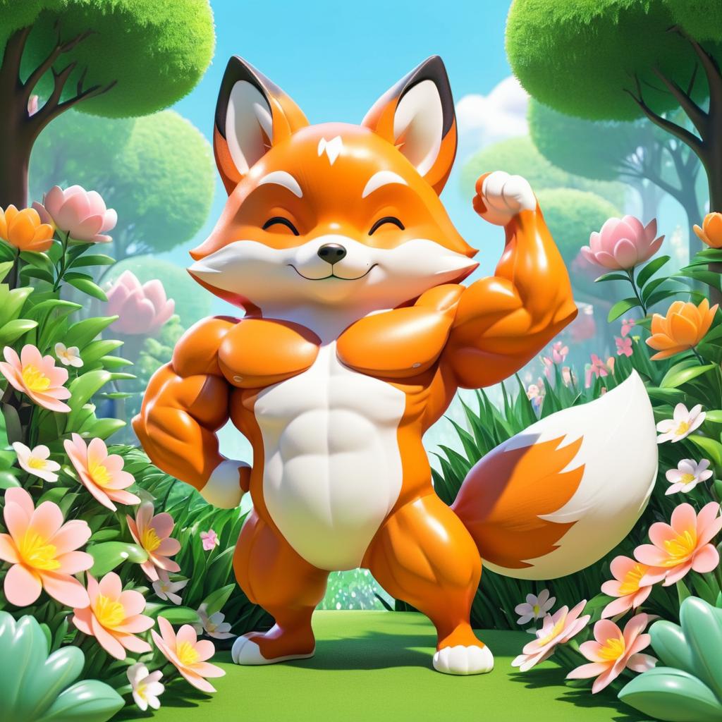 Kawaii Fox with Buff Muscles in Garden