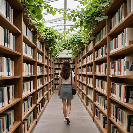Photograph of a woman with long brown hair, wearing a white blouse and gray skirt, walking down a wooden library aisle with lush green vines overhead.
