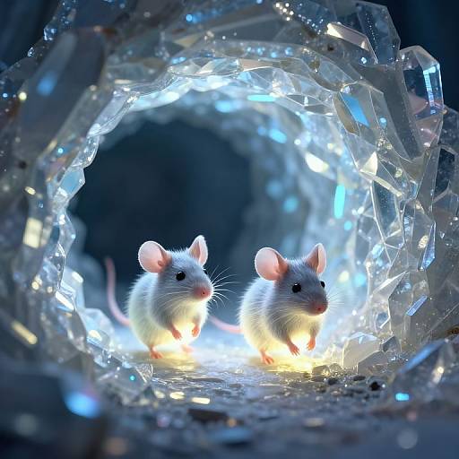 Photograph of two white mice with pink ears and noses, illuminated by blue and white lights, standing inside a crystalline, ice-like tunnel.