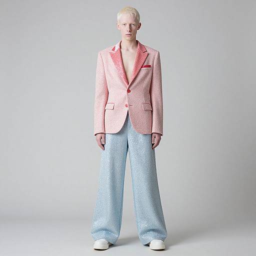 Photograph of a pale-skinned, blonde male model in a pink and red checked blazer, blue textured pants, and white shoes, standing against