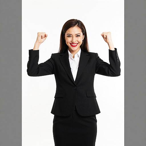 Photograph of a confident Asian woman with straight black hair, wearing a black suit and white shirt, smiling with fists raised against a white background.