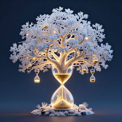 Digital artwork of a glowing, white, illuminated tree in a glass vase, with hanging lanterns, against a dark blue background.