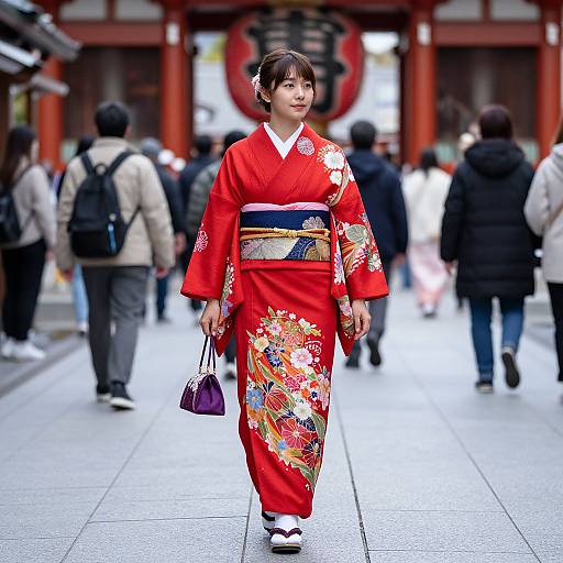 Woman in Vibrant Kimono in Asakusa