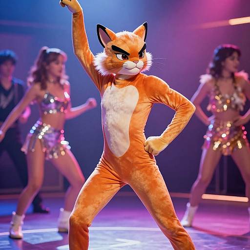 Photograph of a confident orange fox mascot in a furry suit, striking a pose on stage with three dancing women in silver sequin outfits and white boots