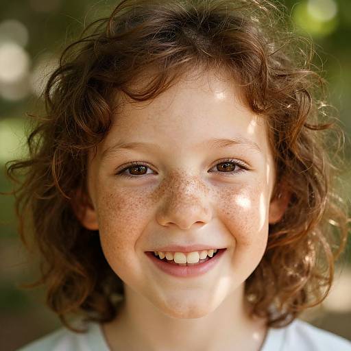 Close-up photograph of a smiling young girl with curly brown hair, freckles, and light skin, standing outdoors with sunlight filtering through trees in the
