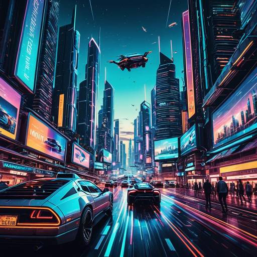 Futuristic Neon City with Flying Cars