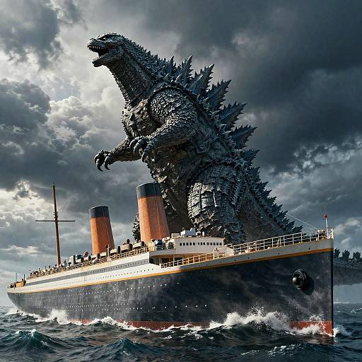 Digital artwork of a massive, towering Godzilla-like creature standing on the deck of a large, dark-blue and white ocean liner with two orange smokestacks