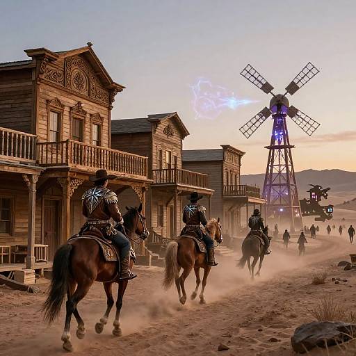 Photograph of Western-style town at sunset, with cowboys on horseback riding towards a windmill, dust kicking up, wooden buildings, and a