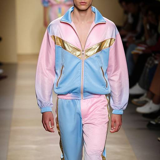 Photograph of a male model on a runway, wearing a light blue and pink zip-up jacket with gold accents, and matching pants, in a brightly