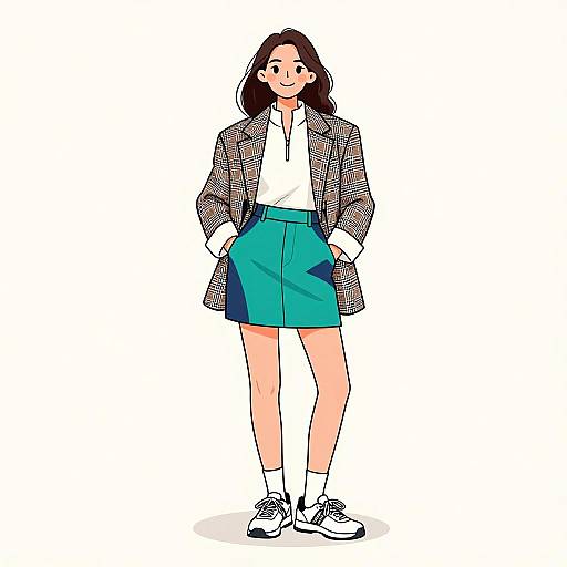 Digital illustration of a young woman with long brown hair, wearing a white blouse, blue skirt, checkered jacket, white socks, and black shoes,