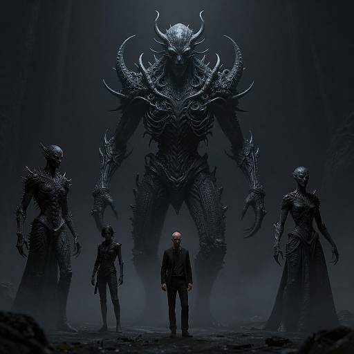 Digital artwork: Dark, eerie scene with a glowing-headed man in a suit facing three towering, horned, skeletal monsters with intricate armor in a mist