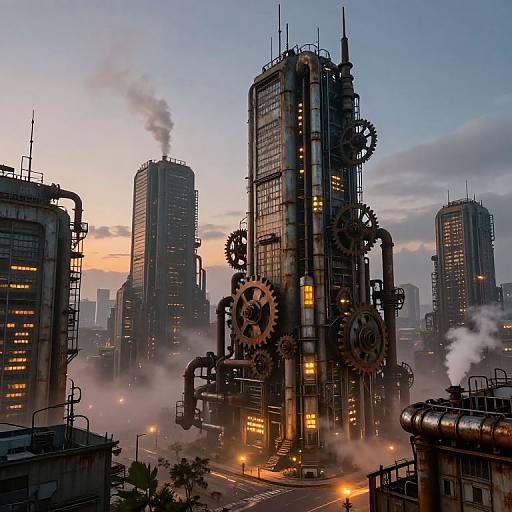 Cyberpunk cityscape at dusk: towering industrial buildings with large gears, glowing lights, and steam. Sky transitions from orange to blue. Photoreal