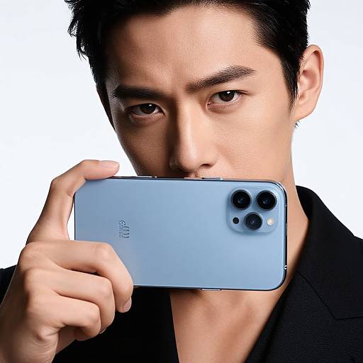 Photograph of an East Asian man with black hair, medium skin tone, holding a light blue iPhone with three cameras, taking a selfie against a white