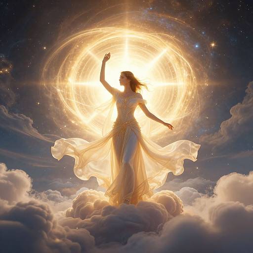 Digital art: Silhouetted woman in flowing white dress stands on clouds, arms raised, glowing sun halo behind her, celestial backdrop.