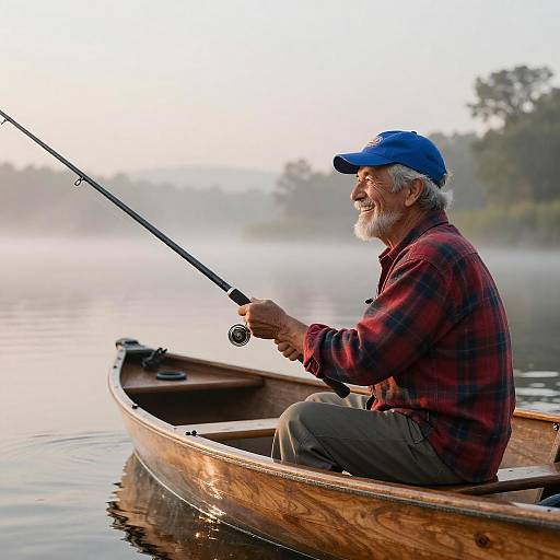 Elderly Man Fishing on Calm Lake at Dawn