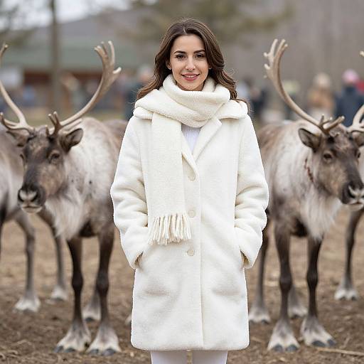 Photograph of a smiling woman with long brown hair, wearing a white coat and scarf, standing between two reindeer in a snowy outdoor setting.