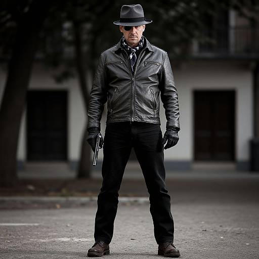 Photograph of a serious, bearded man in a black leather jacket, gloves, black pants, brown shoes, and fedora, holding a gun